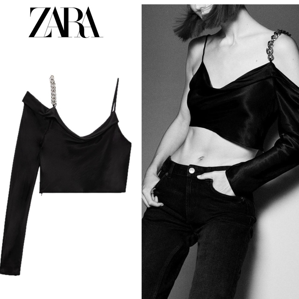Zara Black satin effect asymmetrical one shoulder chain-link strap crop top XS